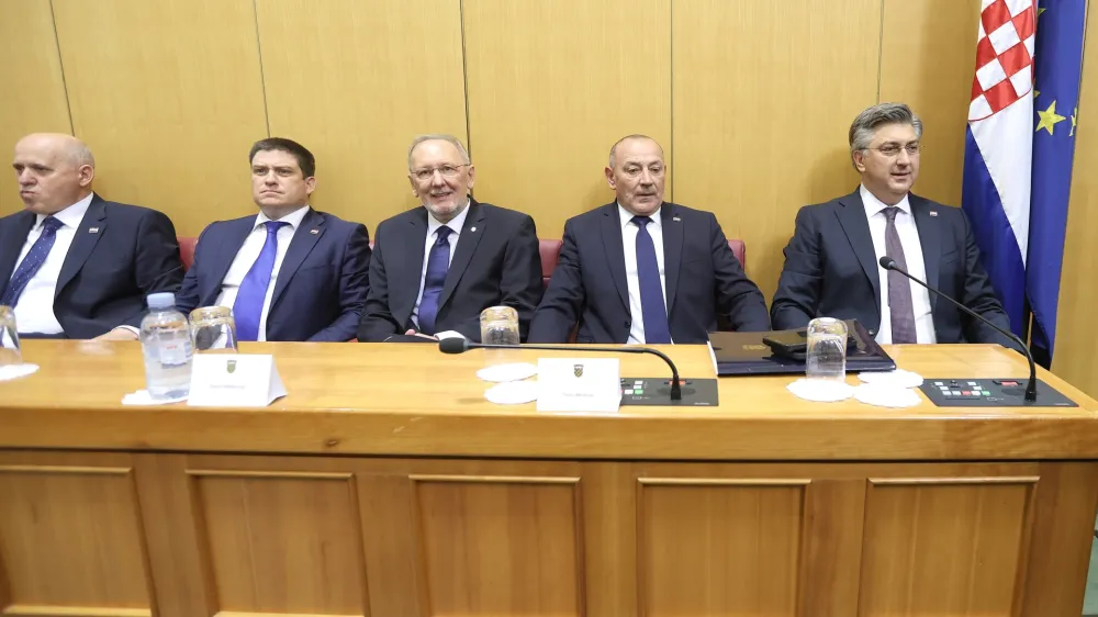 17.05.2024., Zagreb - Predstavljanje Vlade Republike Hrvatske na prvoj sjednici 11. saziva Hrvatskog sabora. Branko Bacic, Oleg Butkovic, Davor Bozinovic, Tomo Medved, Andrej Plenkovic Photo: Patrik Macek/PIXSELL