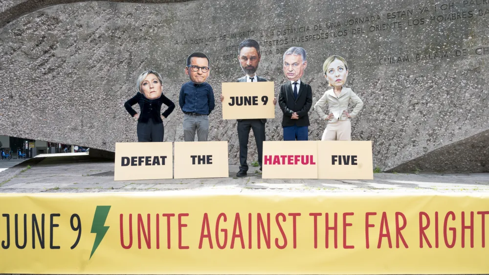Several activists wearing the faces of different far-right politicians (from left to right); Marine Le Pen, Mateusz Morawiecki, Santiago Abascal, Viktor Orb?n, and Giorgia Meloni take part during the demonstration at Plaza de Colon. Hundreds of people protested against the extreme right and fascist movement in Europe and urged European citizens to mobilize against the advance of the extreme right in the face of the European elections to be held in coming June 9 at Plaza Colon in Madrid, Spain. Civil society organizations and LGBTIQ community activists organized this protest under the slogan 'All to Col?n against Fascism' against the event held today by VOX in Vistalegre which was also attended by Argentine president Javier Milei.