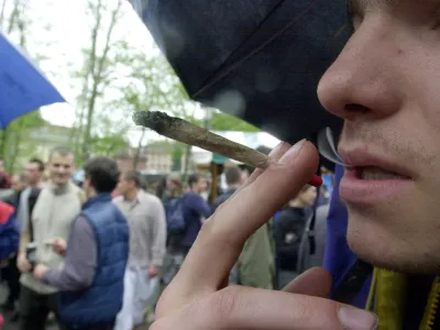 prireditev Prohibicija slepi, pristaš dekriminalizacije uporabe indijske konoplje joint kajenje