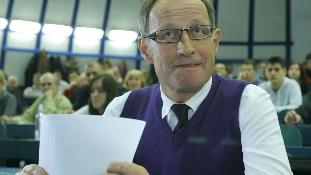 Bine Kordež, predsednik uprave in prek družbe Merfin največji lastnik Merkurja - predavanje na ljubljanski ekonomski fakulteti z naslovom Kriza, prevzemi in tajkuni //FOTO: Jaka Adamič