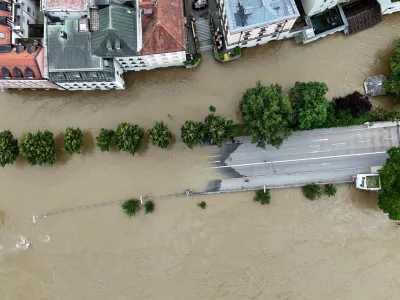 A general view taken with a drone shows the flood-affected area at the Donau river following heavy rainfalls in Passau, Germany, June 4, 2024. REUTERS/Ayhan Uyanik