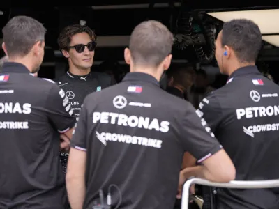 Formula One F1 - Canadian Grand Prix - Circuit Gilles Villeneuve, Montreal, Canada - June 8, 2024 Mercedes' George Russell on his garage before practice REUTERS/Mathieu Belanger