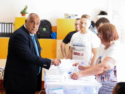 Boyko Borissov, leader of the centre-right GERB party votes at a polling station during snap parliamentary elections and European Parliament elections in Sofia, Bulgaria, June 9, 2024. REUTERS/Stoyan Nenov
