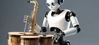 Z umetno inteligenco openart.ai ustvarjena slika robota, ki igra na glasbila.