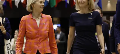 European Commission President Ursula von der Leyen and Estonia's Prime Minister Kaja Kallas walk together to a media conference during an EU summit in Brussels, early Friday, June 28, 2024. European Union leaders signed off a trio of top appointments for their shared political institutions on Thursday evening, reinstalling German conservative Ursula von der Leyen as president of the European Commission for another five years. At the side of von der Leyen should be two new faces: Antonio Costa of Portugal as European Council President and Estonia's Kaja Kallas as the top diplomat of the world's largest trading bloc. (AP Photo/Geert Vanden Wijngaert)