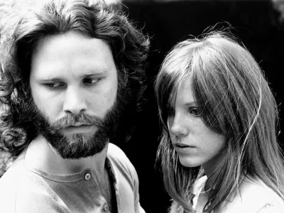 HOLLYWOOD - 1969: Singer Jim Morrison of The Doors with girlfriend Pamela Courson during a 1969 photo shoot at Bronson Caves in the Hollywood Hills, California. (Photo by Estate of Edmund Teske/Michael Ochs Archives/Getty Images)
