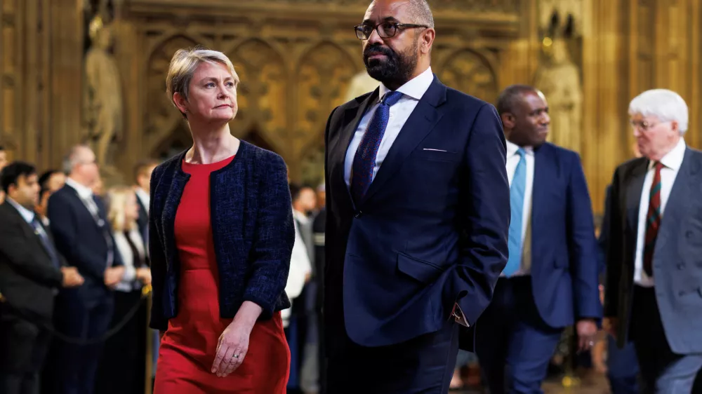 UK Home Secretary Yvette Cooper and James Cleverly walks through the Central Lobby at the Palace of Westminster on the day of the State Opening of Parliament on July 17, 2024 in London, Britain. Dan Kitwood/Pool via REUTERS