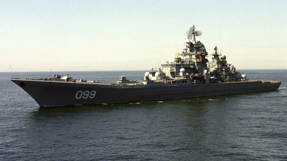 The 19,000-ton nuclear-powered cruiser "Peter the Great" is seen in this June 2003 file photo. Russia said on Monday it would send a heavily-armed nuclear-powered cruiser to the Caribbean for a joint naval exercise with Venezuela, its first major manoeuvres on the United States' doorstep since the Cold War. Russian Foreign Ministry spokesman Andrei Nesterenko said on Monday that the naval mission to Venezuela would include the nuclear-powered battle cruiser "Peter the Great", one of the world's largest combat battleships.   REUTERS/Stringer (RUSSIA)