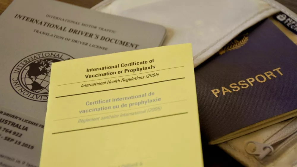 MADRFR Blue passport with international vaccination certificate and international drivers licence on a dark wooden background