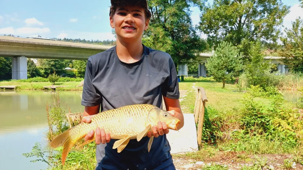 Po petih urah ribolova je Nacetu Korošcu uspelo ujeti zajetnega krapa. Foto: Tina Jereb