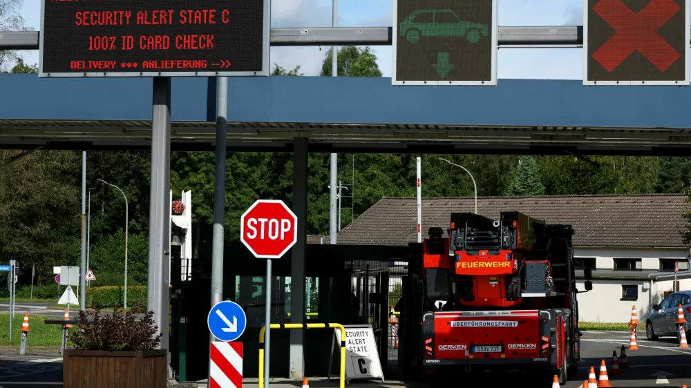 A fire truck stands at the main gate after NATO air base in the German town of Geilenkirchen has raised its security level "based on intelligence information indicating a potential threat," in Geilenkirchen, Germany August 23, 2024. REUTERS/Thilo Schmuelgen