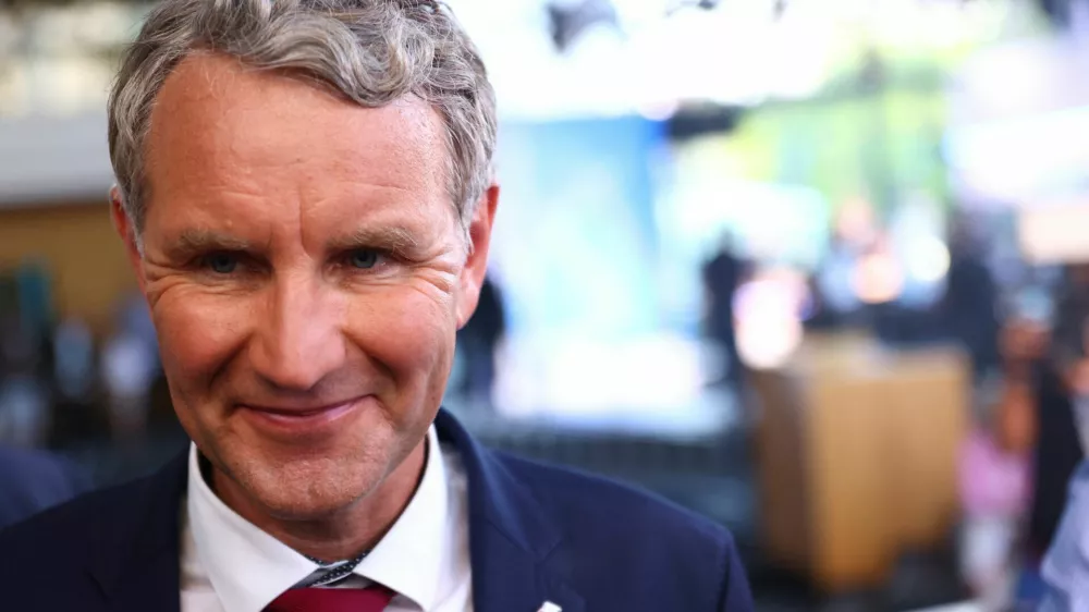 Bjorn Hocke, member of Alternative fur Deutschland (AfD) looks on after first exit polls in the Thuringia state elections, in the state parliament building in Erfurt, Germany, September 1, 2024. REUTERS/Thilo Schmuelgen