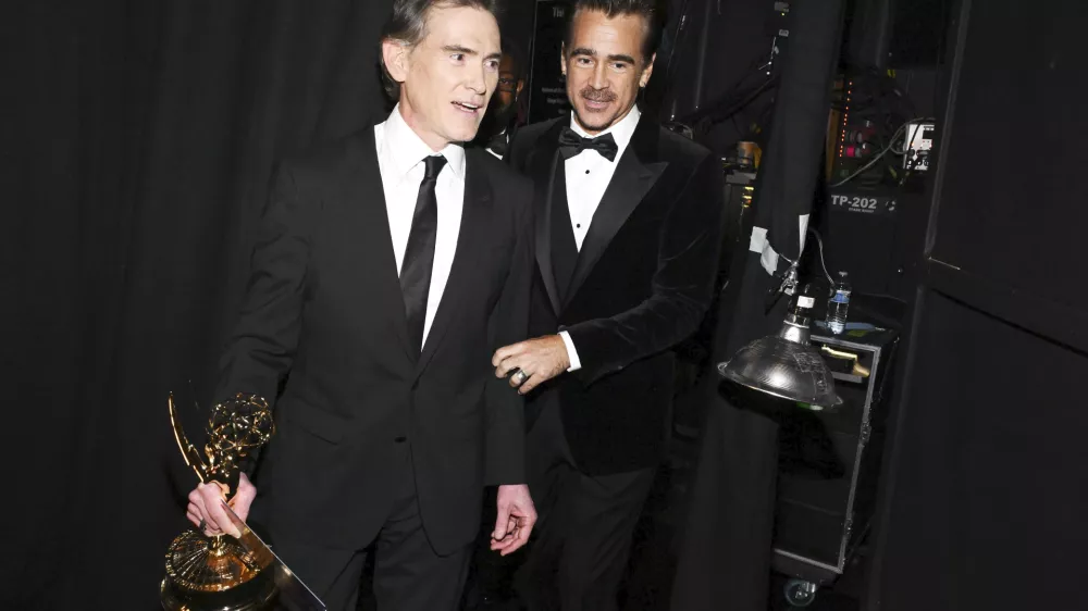 IMAGE DISTRIBUTED FOR THE TELEVISION ACADEMY – Billy Crudup and Colin Farrell backstage at the 76th Emmy Awards on Sunday, Sept. 15, 2024 at the Peacock Theater in Los Angeles. (Photo by Dan Steinberg/Invision for the Television Academy/AP Content Services)
