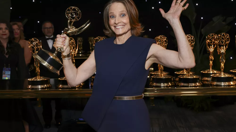 IMAGE DISTRIBUTED FOR THE TELEVISION ACADEMY – Jodie Foster picks up her official Emmy statuette for outstanding lead actress in a limited or Anthology series or movie for "True Detective: Night Country" at the 76th Emmy Awards Trophy Table on Sunday, Sept. 15, 2024 at the Peacock Theater in Los Angeles. (Photo by Mark Von Holden/Invision for the Television Academy/AP Content Services)