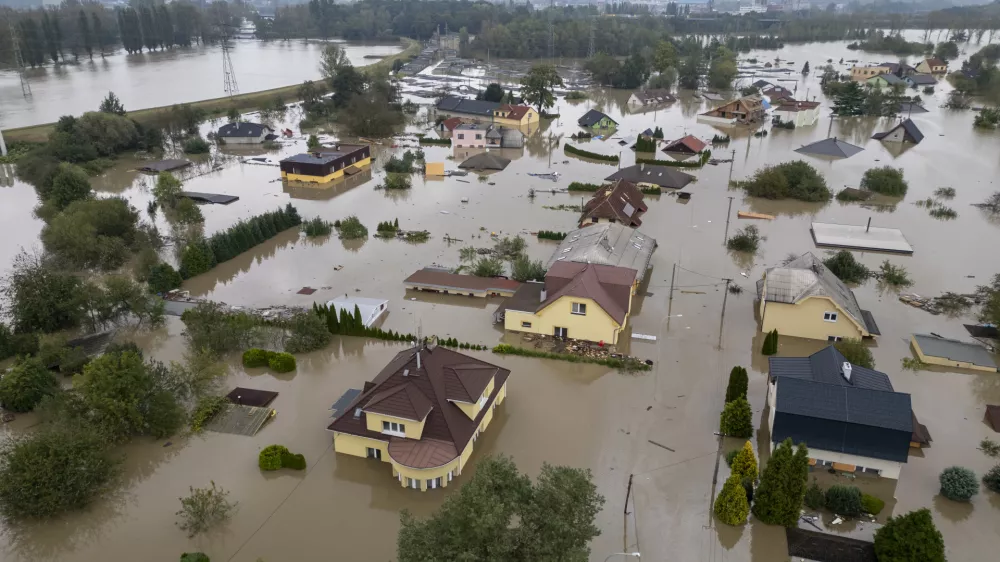 An aerial view of a flooded neighbourhood in Ostrava, Czech Republic, Monday, Sept. 16, 2024. (AP Photo/Darko Bandic)