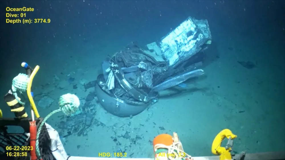 Footage from a remotely operated vehicle shows, what the Coast Guard Marine Board of Investigation says is the debris of the Titan submersible that imploded while diving to the wreck of the Titanic, on the seafloor, September 18, 2024, in this screengrab from a handout video. DVIDS/Handout via REUTERS  THIS IMAGE HAS BEEN SUPPLIED BY A THIRD PARTY