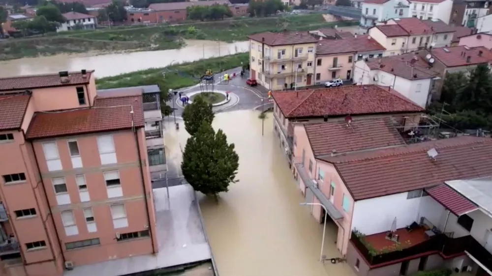 A drone view shows the flooded area of Faenza as severe weather triggers floods in Emilia-Romagna, Italy, September 19, 2024 in this screen grab obtained from a video by AGTW. AGTW/via REUTERS THIS IMAGE HAS BEEN SUPPLIED BY A THIRD PARTY. NO RESALES. NO ARCHIVES. ITALY OUT. NO COMMERCIAL OR EDITORIAL SALES IN ITALY