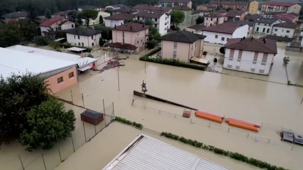 A drone view shows the flooded area of Faenza as severe weather triggers floods in Emilia-Romagna, Italy, September 19, 2024 in this screen grab obtained from a video by AGTW. AGTW/via REUTERS THIS IMAGE HAS BEEN SUPPLIED BY A THIRD PARTY. NO RESALES. NO ARCHIVES. ITALY OUT. NO COMMERCIAL OR EDITORIAL SALES IN ITALY