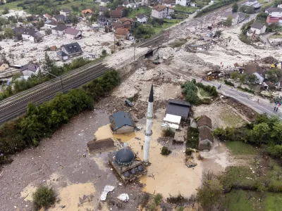 An aerial view shows the area destroyed by a landslide in Donja Jablanica, Bosnia, Saturday, Oct. 5, 2024. (AP Photo/Armin Durgut)