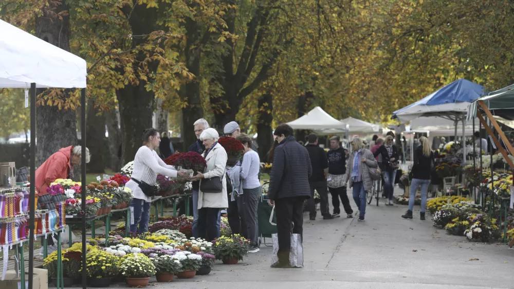 Še vse do sobote bo mogoče pod kostanjevim drevoredom pri Plečnikovih Žalah kupiti cvetni aranžma in sveče. Foto: Luka Cjuha