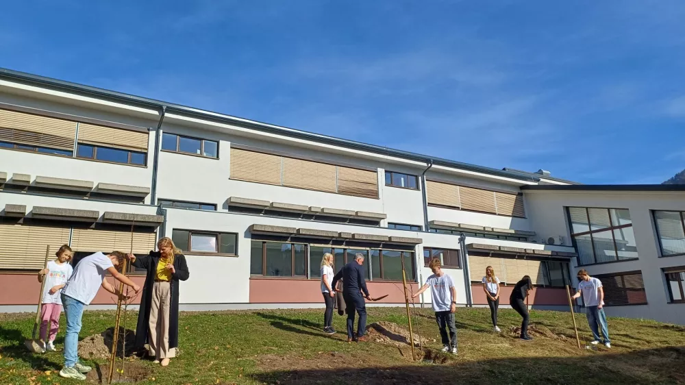 Ponedeljkov začetek pouka po jesenskih počitnicah je odslej novi mejnik bistriške šole. Počastili so ga z zasaditvijo treh sadnih dreves. Foto: Tina Jereb