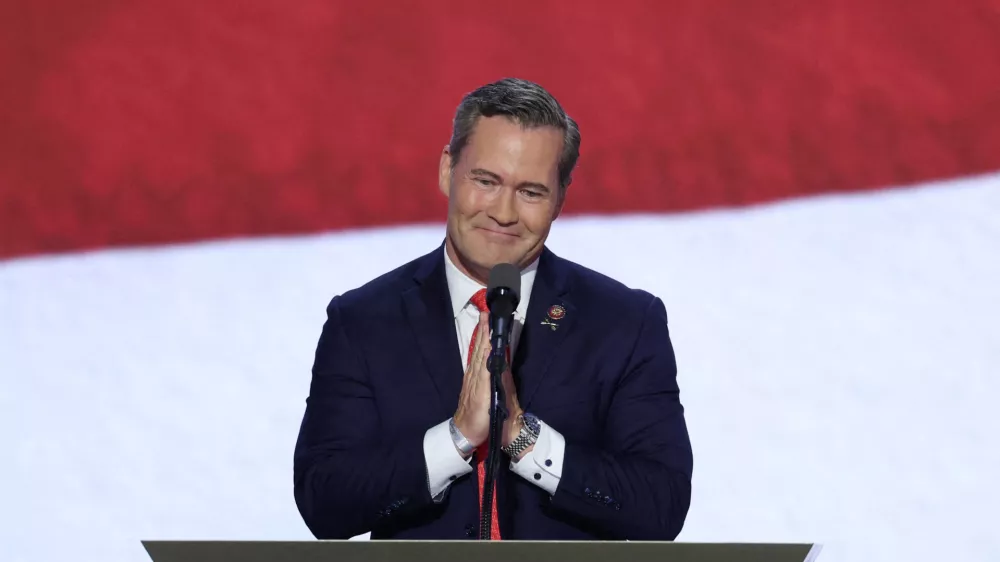 FILE PHOTO: Rep. Michael Waltz (FL) gestures on Day 3 of the Republican National Convention (RNC), at the Fiserv Forum in Milwaukee, Wisconsin, U.S., July 17, 2024. REUTERS/Mike Segar/File Photo