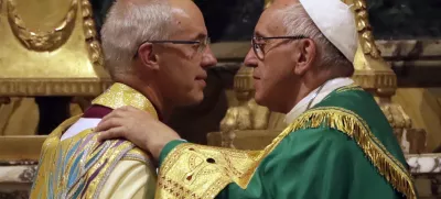 ﻿Pope Francis, right, greets the archbishop of Canterbury, Justin Welby, during vespers prayers in the church of San Gregorio al Celio, in Rome, Wednesday, Oct. 5, 2016. Francis joined the archbishop of Canterbury, Justin Welby, for a vigil prayer service Wednesday at Rome's church of St. Gregory. The church is named for the 6th century pope who dispatched missionaries to England to spread Christianity. (AP Photo/Gregorio Borgia)