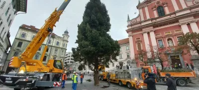 Postavljanje smreke na Prešernovem trgu. Foto: Vesna Levičnik