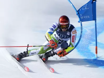 Slovenia's Zan Kranjec competes during a men's World Cup giant slalom skiing race, Saturday, March 2, 2024, in Aspen, Colo. (AP Photo/Robert F. Bukaty)