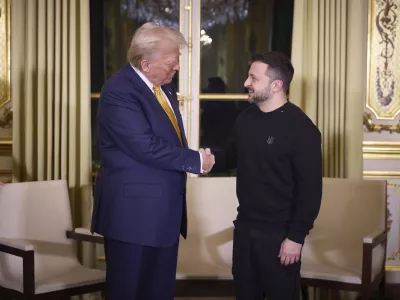 07 December 2024, France, Paris: Ukrainian President Volodymyr Zelensky (R), shakes hands with U.S president-elect Donald Trump (L) before a bilateral meeting at the Elysee Palace. Photo: Ukraine Presidency/Ukrainian Pre/Planet Pix via ZUMA Press Wire/dpa