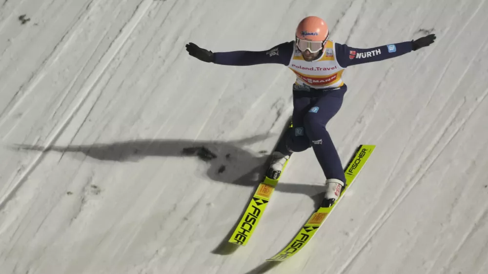 Germany's Pius Paschke in action during the men's individual HS134 Ski Jumping World Cup in Wisla, Poland, Saturday, Dec. 7, 2024. (AP Photo/Czarek Sokolowski)