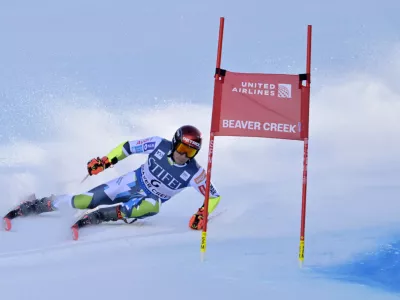 Dec 8, 2024; Beaver Creek, CO, USA; Zan Kranjec of Slovenia in the first run of the men's giant slalom race for the 2024 Stifel Birds of Prey Audi FIS alpine skiing World Cup at Birds of Prey. Mandatory Credit: Eric Bolte-Imagn Images