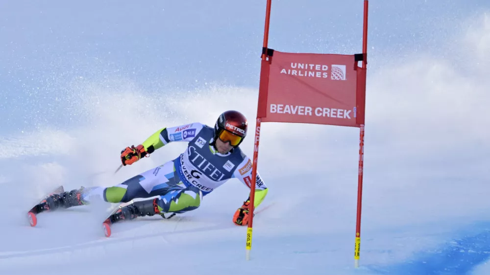 Dec 8, 2024; Beaver Creek, CO, USA; Zan Kranjec of Slovenia in the first run of the men's giant slalom race for the 2024 Stifel Birds of Prey Audi FIS alpine skiing World Cup at Birds of Prey. Mandatory Credit: Eric Bolte-Imagn Images