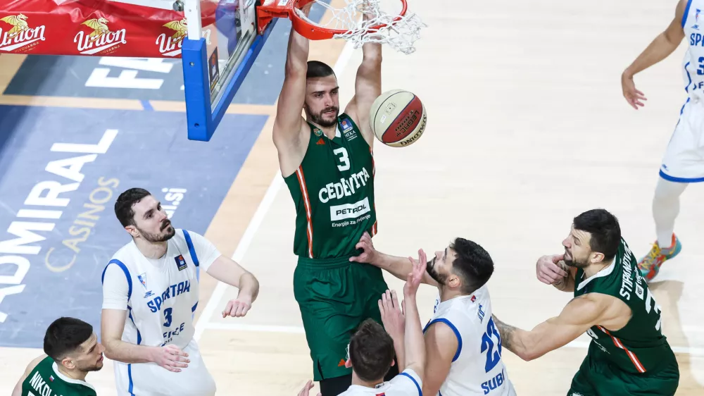 Rok Radović in action during ABA League 2024/2025 basketball match between Cedevita Olimpija and Spartak Office Shoes in Ljubljana, Slovenia on December 8, 2024