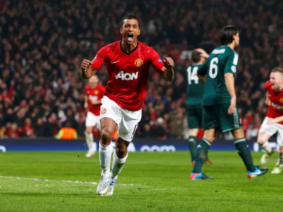 FILE PHOTO: Football - Manchester United v Real Madrid - UEFA Champions League Second Round Second Leg - Old Trafford, Manchester, England - 5/3/13  Manchester United's Nani celebrates after Real Madrid's Sergio Ramos (not in picture) scored an own goal for Manchester United's first  Mandatory Credit: Action Images / Jason Cairnduff  Livepic/File Photo