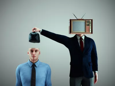 TV puts a garbage bag inside a man's head. Fake news and brainwashed concept. This is a 3d render illustration