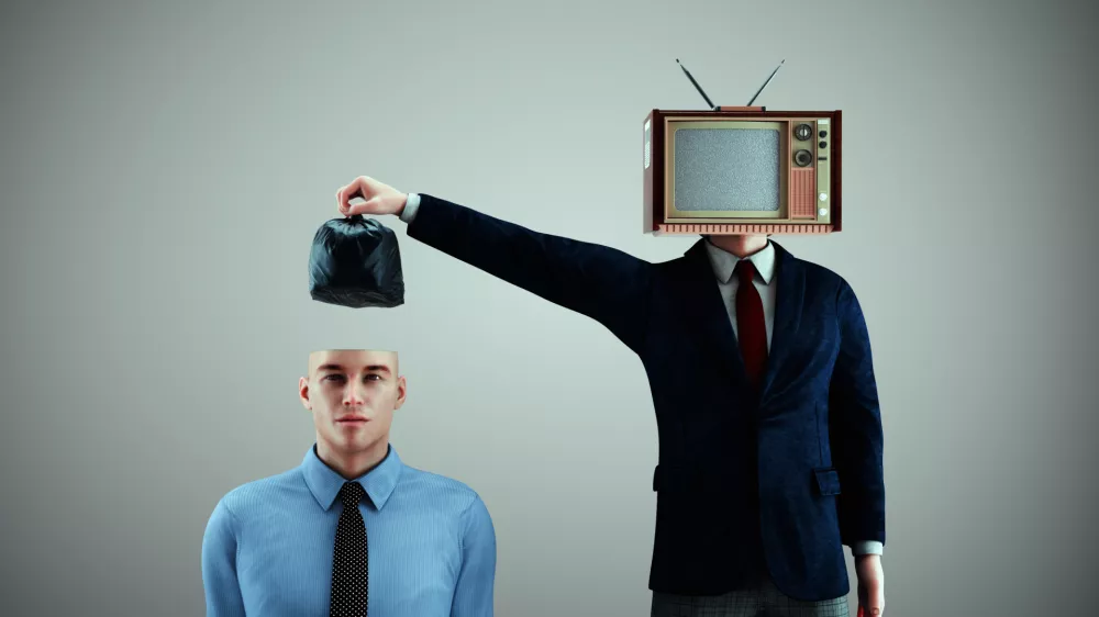 TV puts a garbage bag inside a man's head. Fake news and brainwashed concept. This is a 3d render illustration