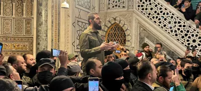 FILE PHOTO: Top rebel commander Abu Mohammed al-Golani speaks to a crowd at Ummayad Mosque in Damascus, after Syrian rebels announced that they have ousted President Bashar al-Assad, Syria December 8, 2024. REUTERS/Mahmoud Hassano/File Photo