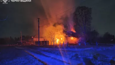 In this photo provided by the Ukrainian Emergency Service, burning buildings are seen on site after a Russian drone attack in Chernihiv region, Ukraine, early Friday, Dec. 13, 2024. (Ukrainian Emergency Service via AP Photo)