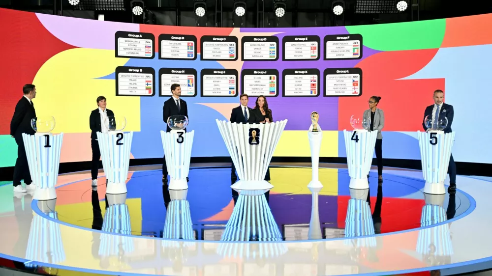 Soccer Football - World Cup - European Qualifiers Draw - FIFA Headquarters, Zurich, Switzerland - December 13, 2024 Robert Pires, Ariane Hingst, Fernando Llorente, FIFA Chief Tournament Officer ? FIFA World Cup 26, Manolo Zubiria, Semra Hunter, Rachel Yankey and Gianluca Zambrotta during the FIFA World Cup 2026: European Qualifier Draw at the Home of FIFA. FIFA/Handout via REUTERS ATTENTION EDITORS - THIS IMAGE HAS BEEN SUPPLIED BY A THIRD PARTY. NO RESALES. NO ARCHIVES