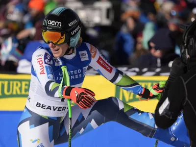 Slovenia's Ilka Stuhec reacts after competing in the women's World Cup downhill skiing race, Saturday, Dec. 14, 2024, in Beaver Creek, Colo. (AP Photo/Robert F. Bukaty)