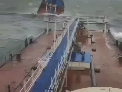 This photo taken from a video released by the Russian Southern Transport Prosecutor's Office, shows a Volgoneft-212 tanker wrecked by a storm in the Kerch Strait, Russia, Sunday, Dec. 15, 2024. (The Russian Southern Transport Prosecutor's Office via AP)