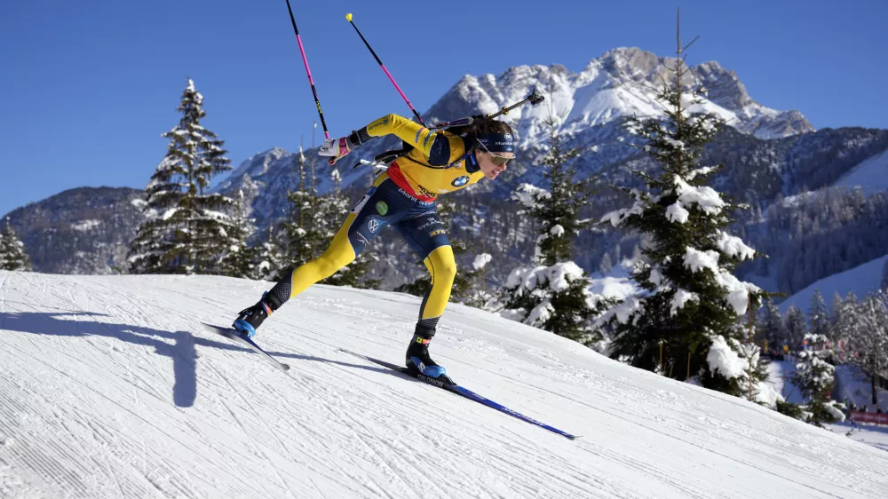 Anamarija Lampic, of Slovenia, competes in the women's 7.5 km sprint competition at the Biathlon World Cup in Hochfilzen, Austria, Friday, Dec. 13, 2024. (AP Photo/Matthias Schrader)