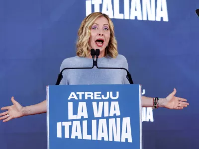 Italian Premier Giorgia Meloni gives her speech during Atreju 2024, the Italian Way, event organized by the Fratelli d'Italia (Brothers of Italy) party at the Circo Massimo, Rome, Sunday, Dec. 15, 2024. (Roberto Monaldo/LaPresse via AP)