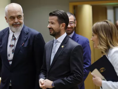 From left, Albania's Prime Minister Edi Rama, Montenegro's President Jakov Milatovic and European Parliament President Roberta Metsola arrive for a round table meeting during an EU-Western Balkans summit in Brussels, Wednesday, Dec. 18, 2024. (AP Photo/Geert Vanden Wijngaert)