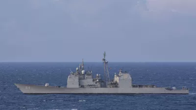 CORRECTS YEAR TO 2024 - The Ticonderoga-class guided-missile cruiser USS Gettysburg (CG 64) steams in the Mediterranean Sea, Dec. 15, 2024. (Kaitlin Young/U.S. Navy via AP)