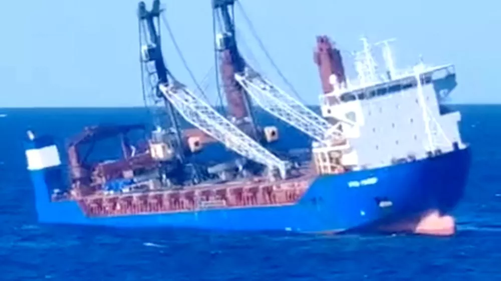 Russian cargo ship Ursa Major, which the Russian Foreign Ministry said sank in the Mediterranean Sea between Spain and Algeria after an explosion in its engine room, lists in this still image obtained from a video released December 23, 2024. Social media via REUTERS THIS IMAGE HAS BEEN SUPPLIED BY A THIRD PARTY. NO RESALES. NO ARCHIVES