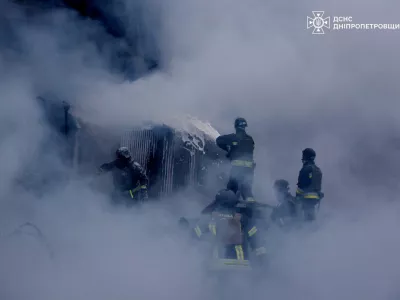 Firefighters work at a site of a Russian missile strike, amid Russia's attack on Ukraine, in Dnipropetrovsk region, Ukraine December 25, 2024. Press service of the State Emergency Service of Ukraine in Dnipropetrovsk region/Handout via REUTERS ATTENTION EDITORS - THIS IMAGE HAS BEEN SUPPLIED BY A THIRD PARTY. WATERMARK FROM SOURCE.