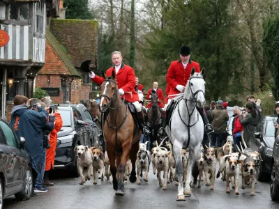 Members of the Old Surrey, Burstow and West Kent Hunt take part in the annual Boxing Day trail hunt, in Chiddingstone, Britain, December 26, 2024. REUTERS/Kevin Coombs