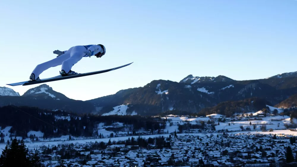 Ski Jumping - Four Hills Tournament - Oberstdorf, Germany - December 28, 2024 Slovenia's Timi Zajc during training REUTERS/Lisi Niesner